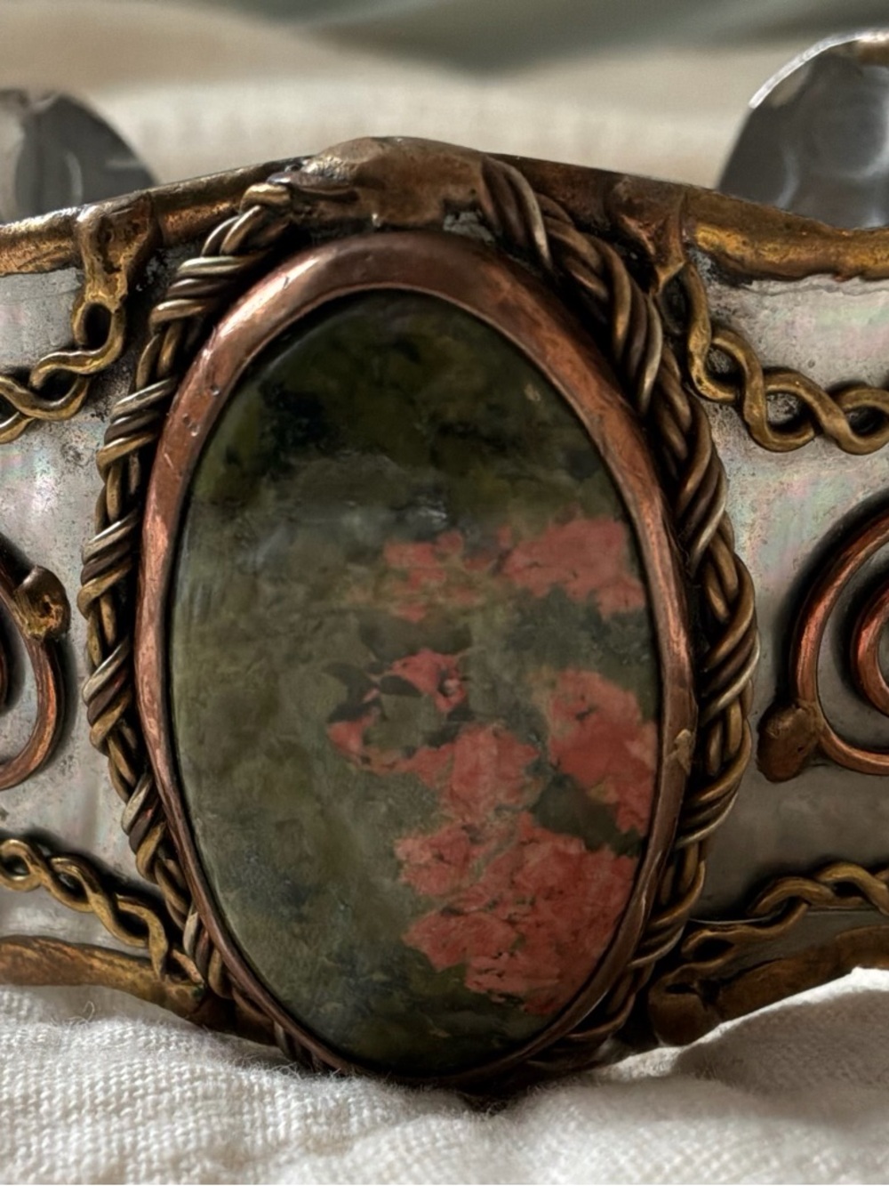 Mixed Metal & Unakite Artisan Cuff Bracelet, Wide Handcrafted Boho, Copper